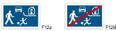 Le panneau F12a a un fond bleu : en blanc, il y a un enfant qui joue au ballon, un adulte, une voiture et une maison. Le panneau F12b est le même panneau, mais barré d'une ligne rouge
